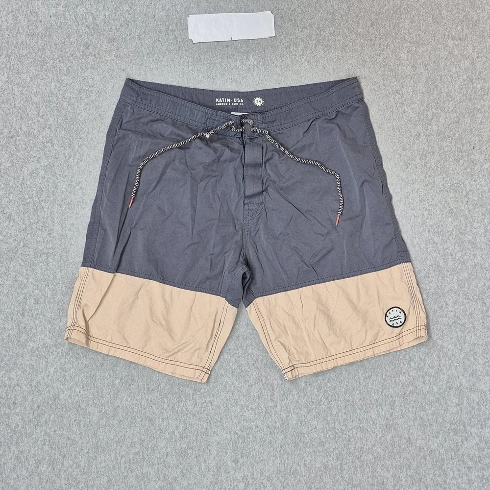 Katin USA Men Shorts 34 Gray Nylon Polyester Swimwear Colorblock Logo Patch